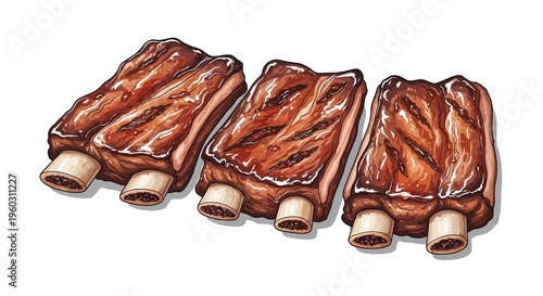 Three grilled beef ribs with bone, isolated on white background