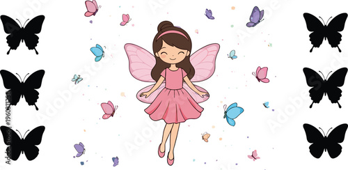 Cute fairy girl with butterfly wings vector set with colorful butterflies and silhouette shapes magical cartoon illustration isolated on white background