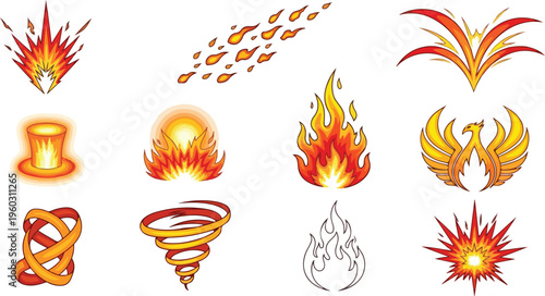 Collection of stylized fire and explosion effects, ideal for graphic design and visual effects projects