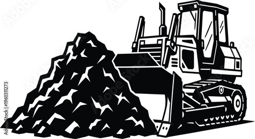 Black and white vector illustration of a heavy industrial bulldozer crawler tractor pushing a large pile of dirt and rocks on construction site