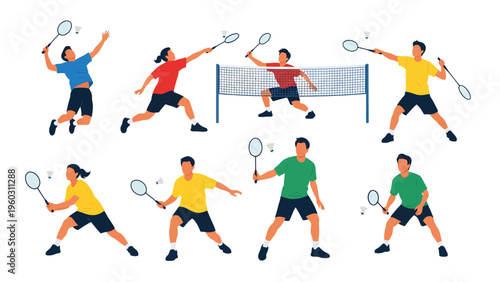 Dynamic Badminton Player Poses and Actions Set - Flat Vector Illustration Collection