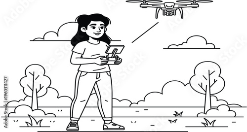 Woman Controlling Drone with Remote Controller Outdoor Line Illustration with UAV Technology, Aerial Photography, and Modern Gadget Concept