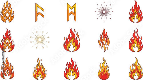 Collection of Stylized Fire Icons and Ancient Runes on a White Background