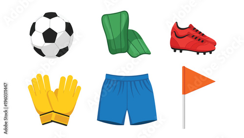 Soccer Equipment Set Illustration: Football Ball, Shin Guards, Cleats, Goalkeeper Gloves, Shorts, Corner Flag