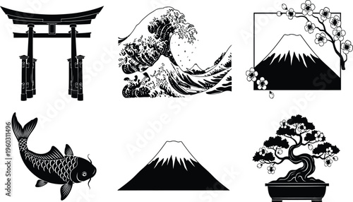 Traditional Japanese Culture Vector Icon Set Featuring Torii Gate Great Wave Mount Fuji Koi Fish Bonsai Tree and Cherry Blossom Elements