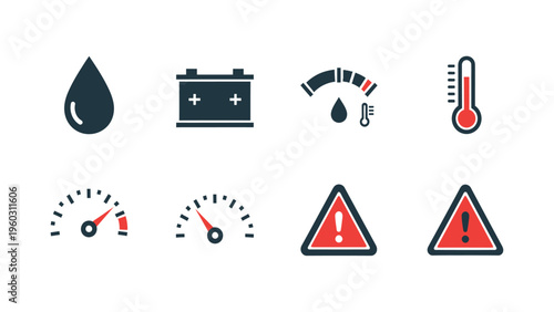 Automotive Dashboard Icons Set. Car Warning Lights, Gauges, Battery, Oil, Temperature, Speed, Fuel Indicators
