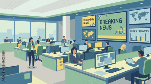 A bustling modern newsroom with employees working diligently at their desks, broadcasting breaking news on multiple screens and graphics