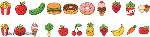 Cute kawaii food character vector set with smiling fast food fruits desserts and vegetables colorful cartoon icons isolated on white background