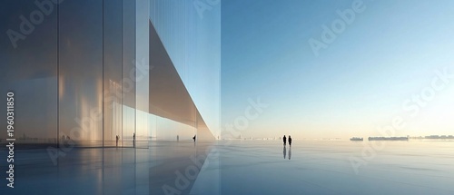 Modern glass building, people walking, sunrise cityscape