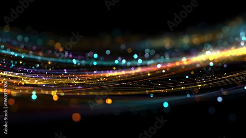 Abstract Swirl of Colorful Lights and Particles on a Dark Background.