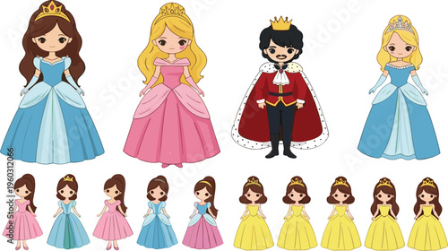Cute princess and king character vector set with royal family dresses crowns and fairy tale cartoon illustration isolated on white background