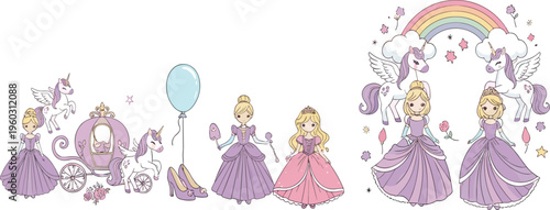 Cute princess and unicorn fantasy vector set with fairy tale carriage rainbow magic characters cartoon illustration isolated on white background