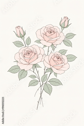 Pastel Rose Illustration with Delicate Line Art and Soft Tones. Floral Design Ideal for Wedding Invites, Branding, Packaging and Aesthetic Backgrounds.