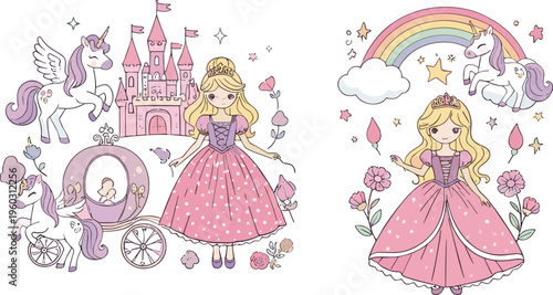 Cute princess unicorn castle vector set with fairy tale characters rainbow carriage and magical elements cartoon illustration isolated on white background