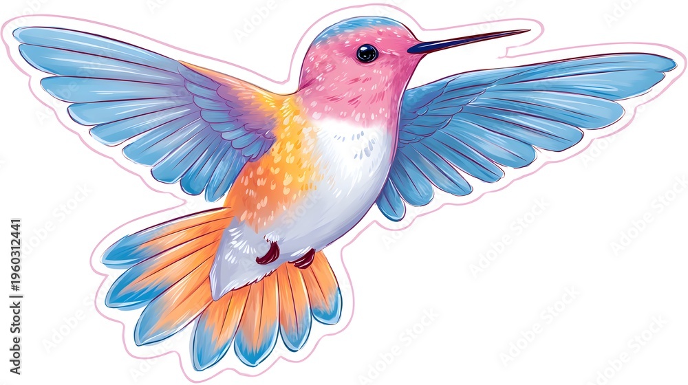 Naklejka premium Vibrant Watercolor Hummingbird in Flight with Colorful Wings.