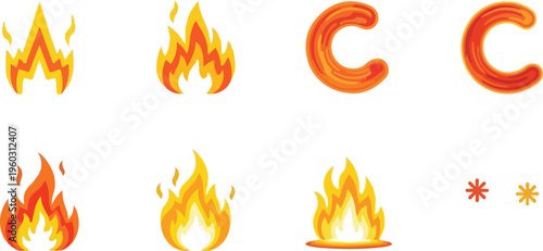 Collection of stylized fire icons and symbols, evoking warmth and energy