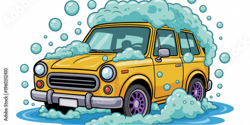 A vibrant yellow vintage car getting a thorough wash covered in thick layers of bubbly blue foam Vector