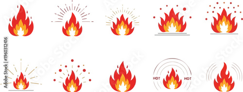 Collection of stylized flame icons representing heat, energy, and fire in various graphic designs