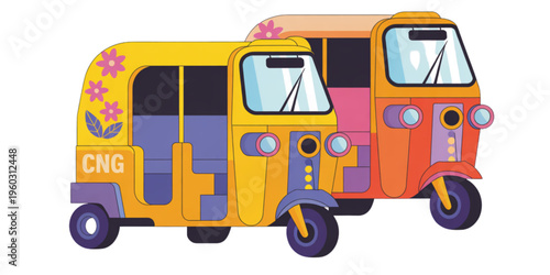 Two colorful auto rickshaws featuring floral patterns and cng propulsion for urban transportation Vector