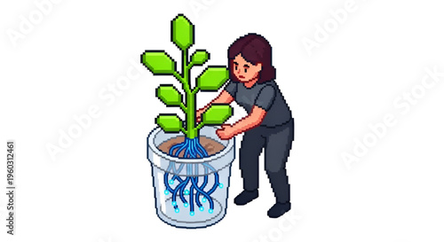 Woman Planting Digital Tree with Fiber Optic Roots - Tech Growth and Sustainable Innovation Concept