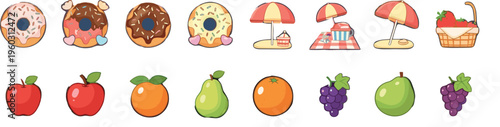 Cute summer food and picnic vector set with donuts fruits beach umbrella basket and sweets cartoon icons isolated on white background