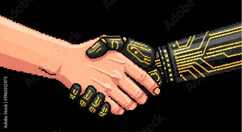 Human Hand Shaking Robot Hand Pixel Art - Partnership Between Man and Artificial Intelligence