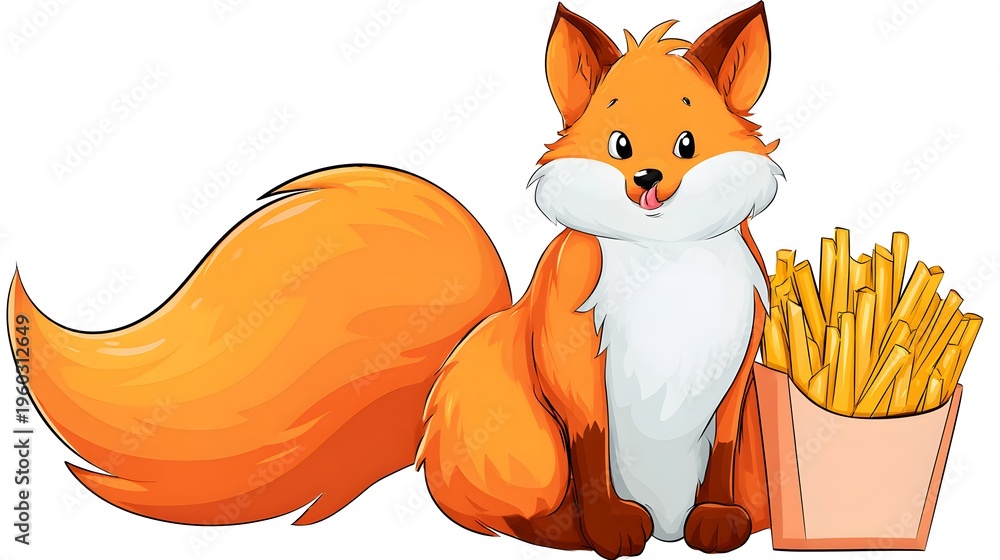 Naklejka premium Cute Cartoon Fox Sitting Next to a Box of French Fries.