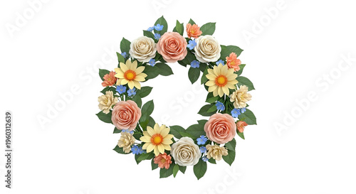 Floral Wreath with Roses, Daisies, and Small Blue Flowers