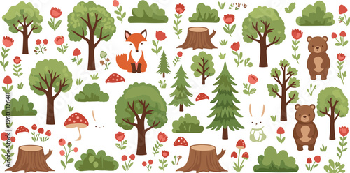 Cute woodland forest vector set with trees animals fox bear mushrooms flowers and nature elements cartoon illustration isolated on white background