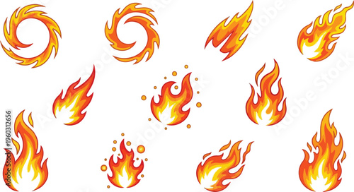 Collection of fiery flame icons with swirling and dynamic artistic elements