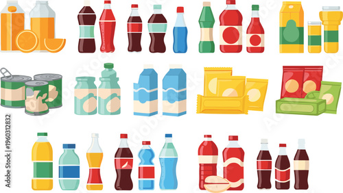 Food and beverage packaging vector set with bottles, cans, cartons and snack packs, colorful product containers collection isolated on white background illustration