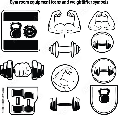 A comprehensive collection of gym equipment icons and weightlifter symbols for fitness activities