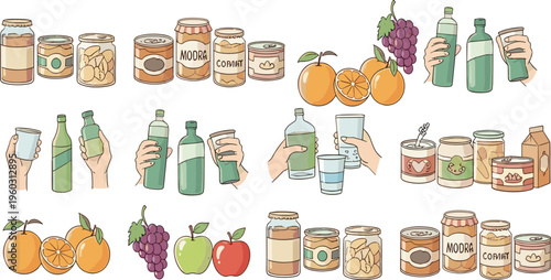Food jars and beverage bottles vector set with fruits, canned products and drinks, grocery packaging collection isolated on white background illustration