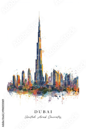 Dubai Burj Khalifa watercolor ink splash illustration, elegant architectural detail, modern wall art poster design