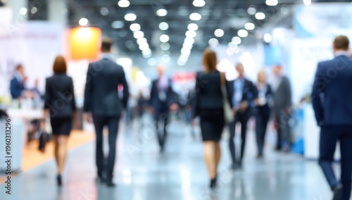 A blurred scene of professionals walking through a busy conference or exhibition hall, showcasing networking and collaboration in a business environment.