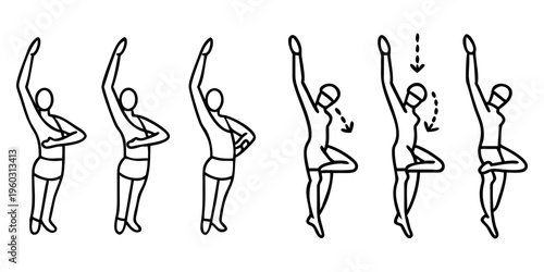 Illustration of six stages of the Tree Pose yoga posture sequence