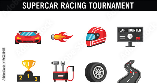 Collection of racing car championship icons including helmet, trophy, car, and flag