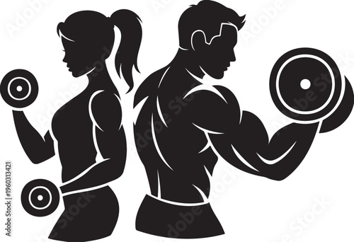 Silhouettes of a muscular man and fit woman stand back to back holding small dumbbells