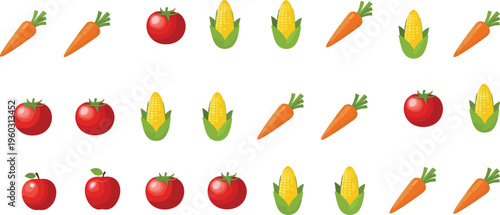 Fresh vegetable and fruit pattern vector set with tomato carrot corn and apple seamless style colorful flat icons isolated on white background