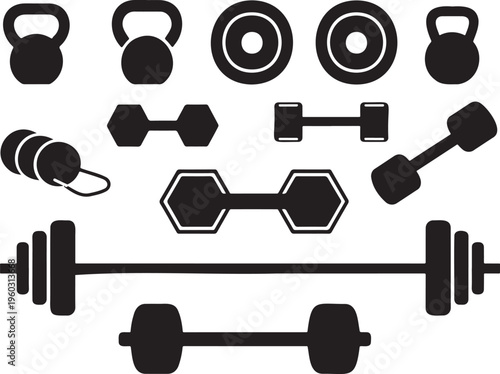 Collection of diverse gym equipment silhouettes including kettlebells, dumbbells, barbells, and weight plates
