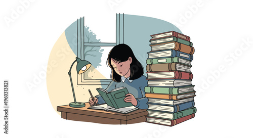 Young woman diligently studying at a desk with a stack of books, illuminated by a desk lamp, representing education, learning, and academic pursuit.