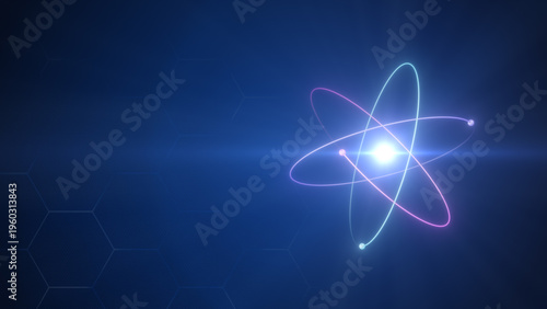Fotografie Unstable Atom nucleus with electrons spinning around it technology background