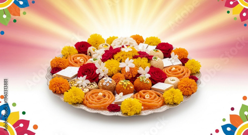 Vibrant indian sweets platter with marigold flowers and decorative background for diwali celebration