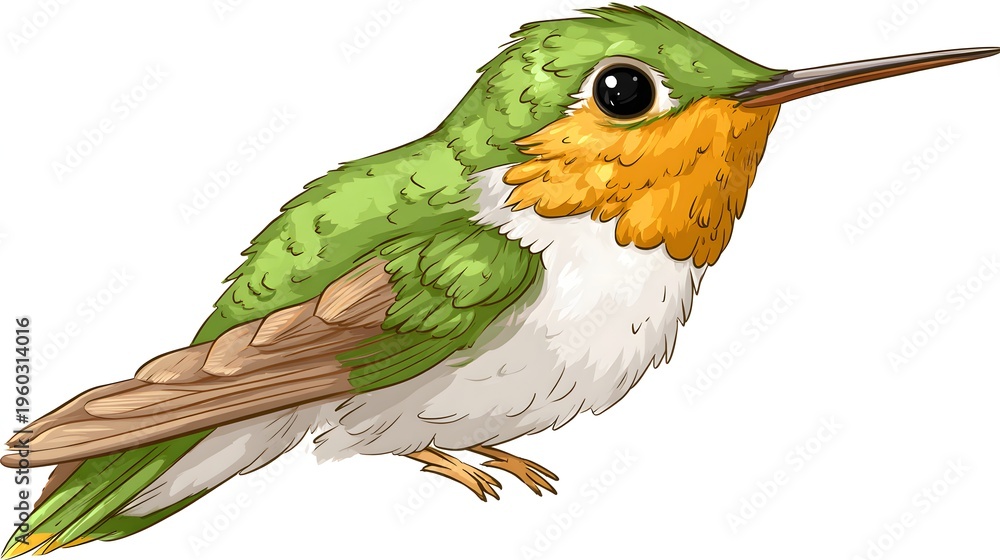 Obraz premium Detailed Illustration of a Vibrant Green Hummingbird with Orange Throat.