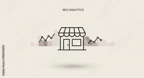 Seo analytics graph behind small storefront with awning and line chart symbolizing business growth and optimization