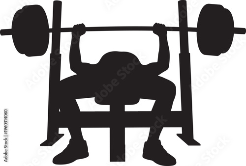 A powerful silhouette of a person performing a bench press with a heavy barbell on a weight bench