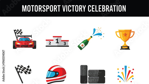Motorsport victory celebration with racing car, trophy, champagne, and checkered flag icons