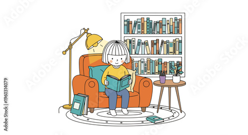 Illustration of a young child reading a book in a cozy armchair, surrounded by a home library, promoting education and quiet leisure.