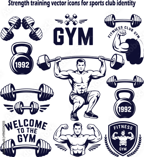 Comprehensive collection of strength training equipment and muscular bodybuilder illustrations for fitness branding