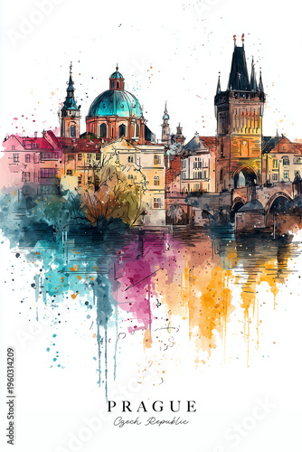 London skyline watercolor and ink splash illustration with elegant architecture, artistic splatters, modern wall art